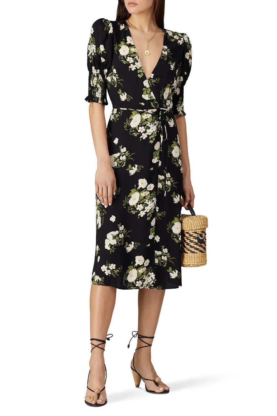 Reformation Esmerelda Black Floral Print Short Sleeve Wrap Midi Dress Size 4